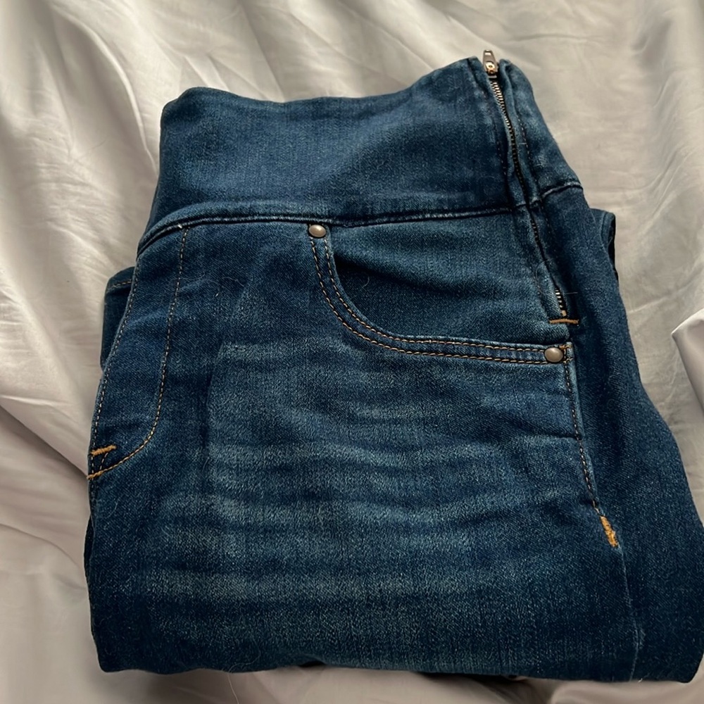 Spanx dark denim side zip jeans.